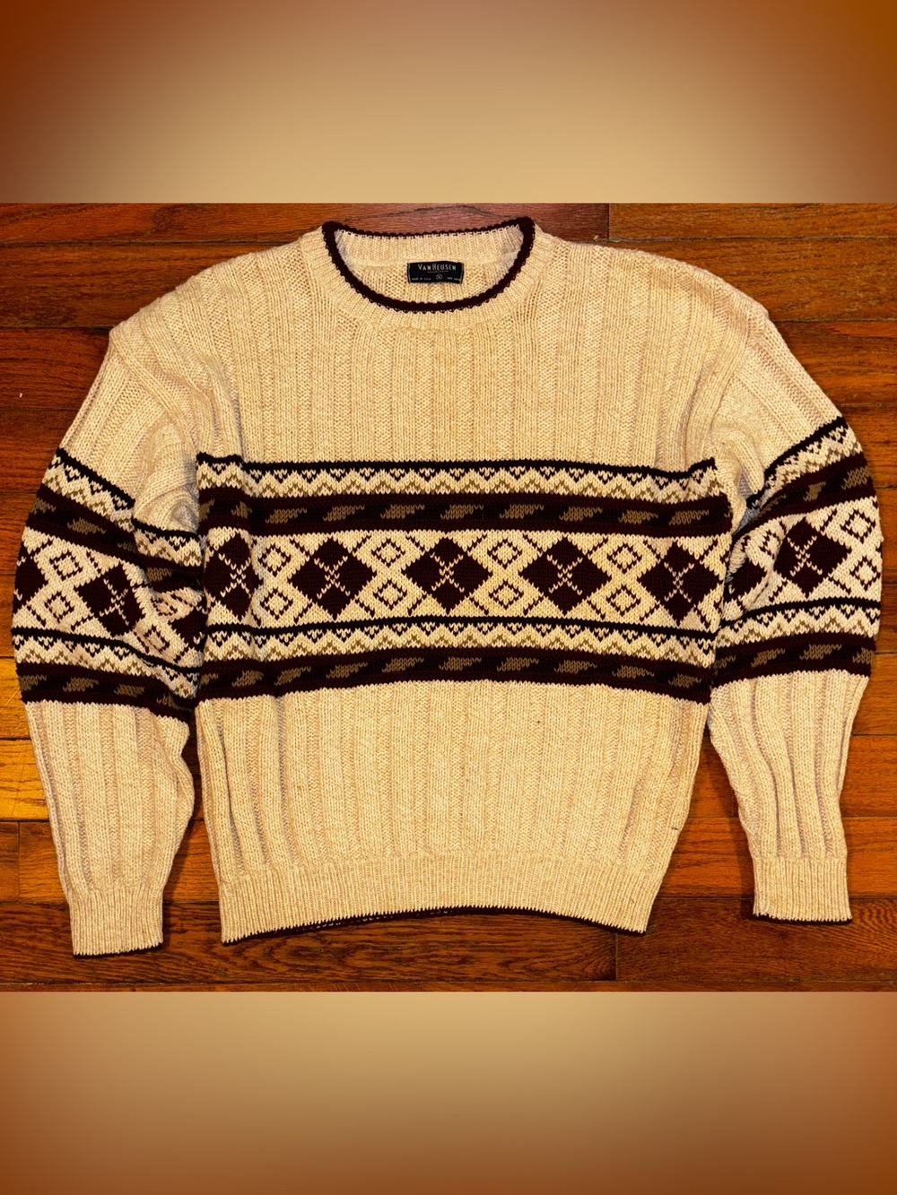 Vintage Van Heusen Cream and Brown Fair Isle Crewneck Sweater